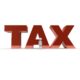 Red tax graphic with little white person standing in front